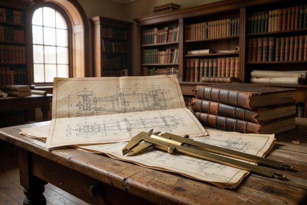 Original ink chassis blueprints, brass vernier calipers, and bound competition ledgers on a wooden library table