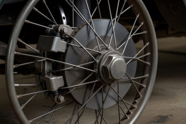 Early Dunlop mechanical caliper and solid cast-iron brake disc mounted behind a knock-off wire wheel hub