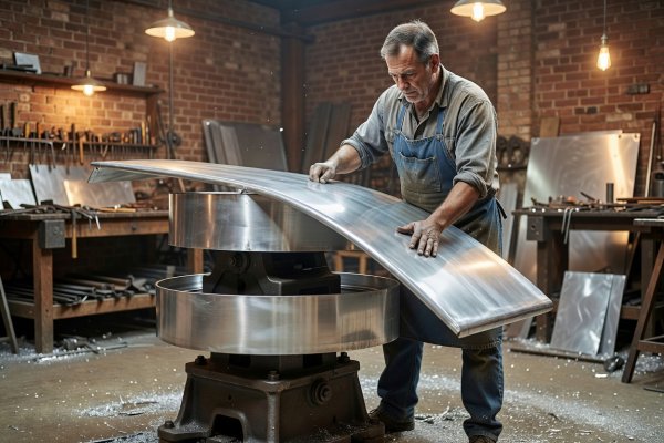Craftsman guiding a curved aluminum front wing panel through a cast-iron English wheel in a warm-lit workshop