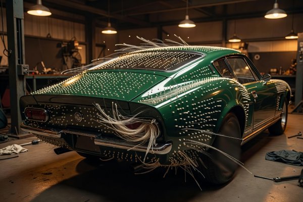 Sharp truncated Kammback rear tail of a 1960s GT coupe illuminated in warm workshop lighting