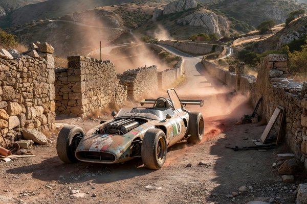 Open-cockpit sports prototype in a dusty stone-walled Sicilian mountain pit lane during historic endurance testing