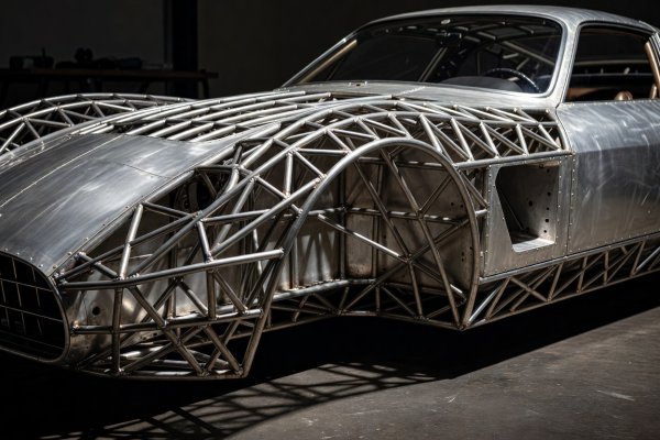 Exposed small-diameter steel tube Superleggera lattice frame beneath hand-beaten aluminum bodywork