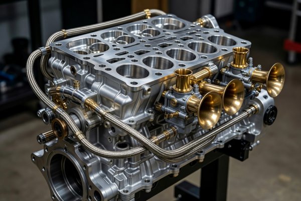 Polished twin-overhead-camshaft aluminum engine with brass Weber carburetor velocity stacks and braided fuel lines