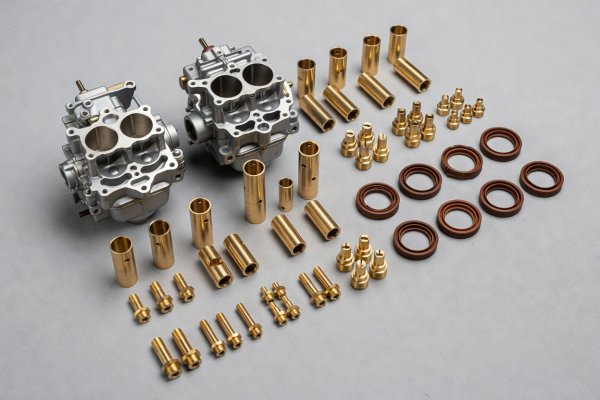 Disassembled Weber 40 DCOE twin-choke carburetor bodies, brass emulsion tubes, and leather accelerator pump seals on a clean bench cloth